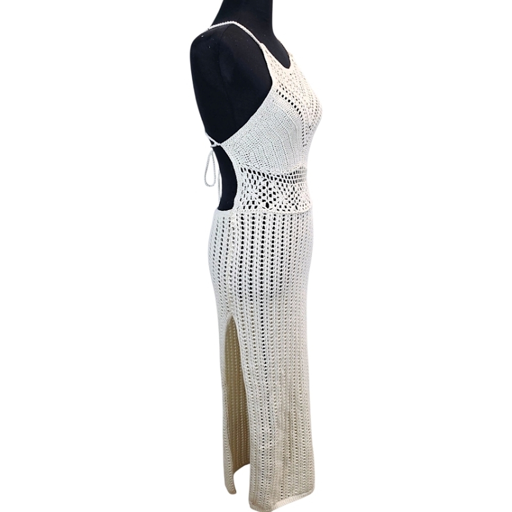 Forever 21 Ivory Crochet Knit Midi Dress Small Boho Chic Resort Beach Cover Up - Picture 3 of 12